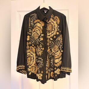 Johnny Was silk blouse Black Shirt Floral pattern Embroidered y2k boho bohemian